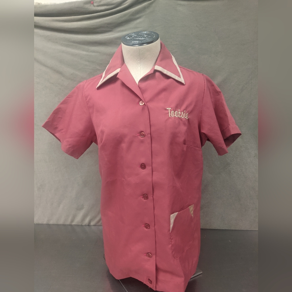 Vintage Pink Button-Down Bowling Shirt with Contrast Trim